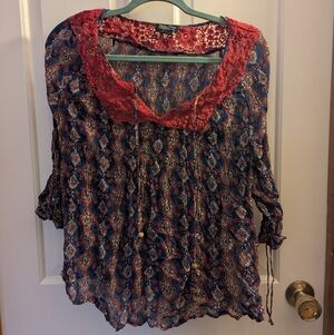 Lucky Brand Boho Paisley Print Top with Red Lace Trim Size 2XL